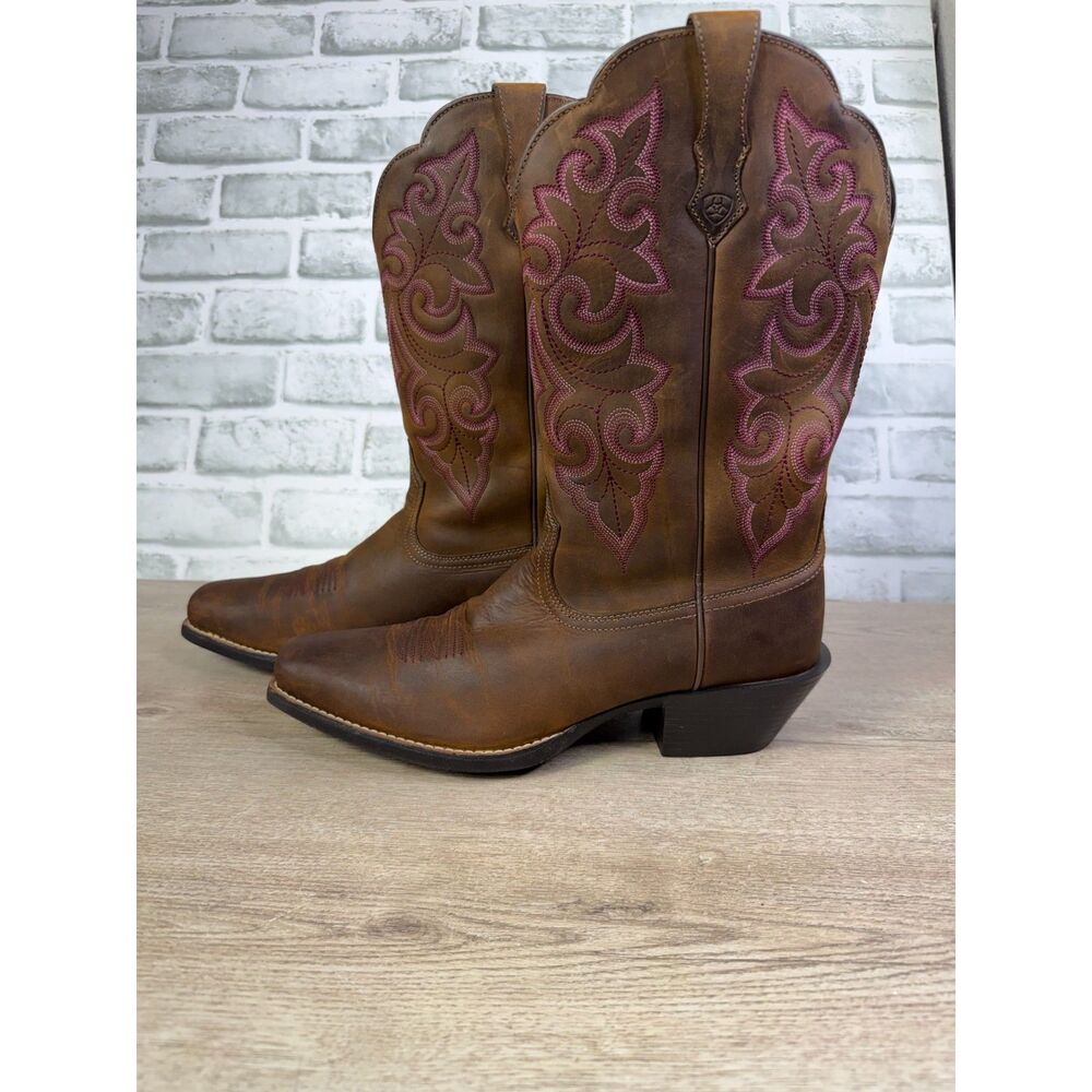 Ariat Powder Brown Leather Cowgirl Boots Pink Stitching Size 10B
